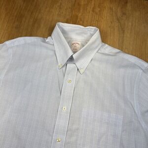 Brooks Brothers 346 Mens Short Sleeve Dress Shirt Sz 16 Blue Plaid Casual Cotton